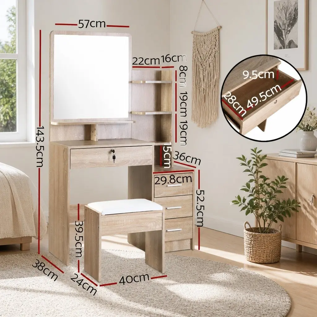 Dressing Table Stool Set Oak 87cm Vanity with 4 Drawers and 3 Shelves