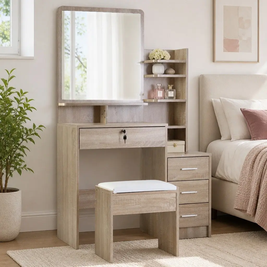 Dressing Table Stool Set Oak 87cm Vanity with 4 Drawers and 3 Shelves