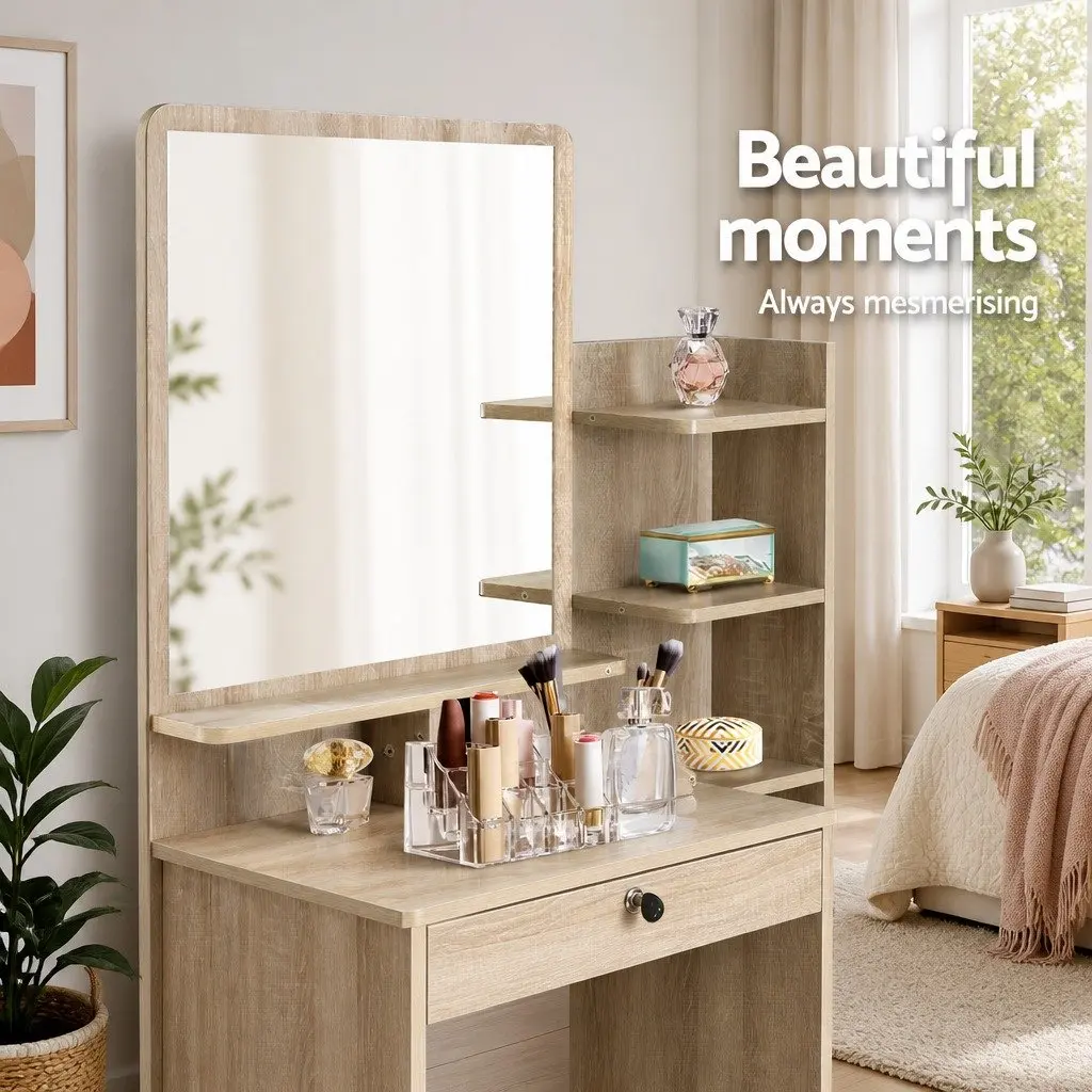 Dressing Table Stool Set Oak 87cm Vanity with 4 Drawers and 3 Shelves