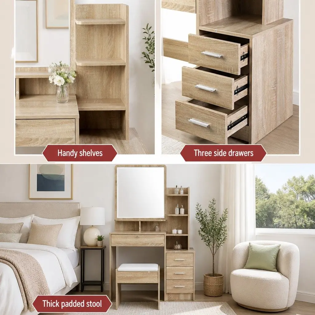 Dressing Table Stool Set Oak 87cm Vanity with 4 Drawers and 3 Shelves