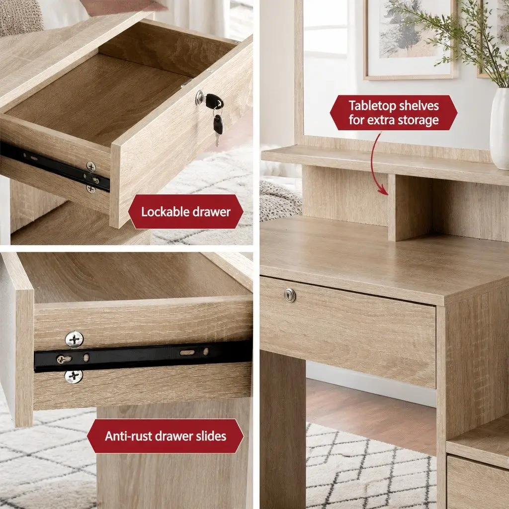 Dressing Table Stool Set Oak 87cm Vanity with 4 Drawers and 3 Shelves