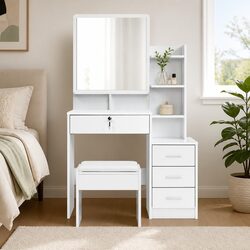 Dressing Table with Stool 4 Drawers White Vanity Makeup Dresser Storage Shelves
