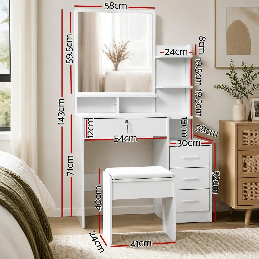 Dressing Table with Stool Particle Board 88cm x 38cm x 143cm White 4 Drawers Vanity Makeup Dresser Storage Shelves