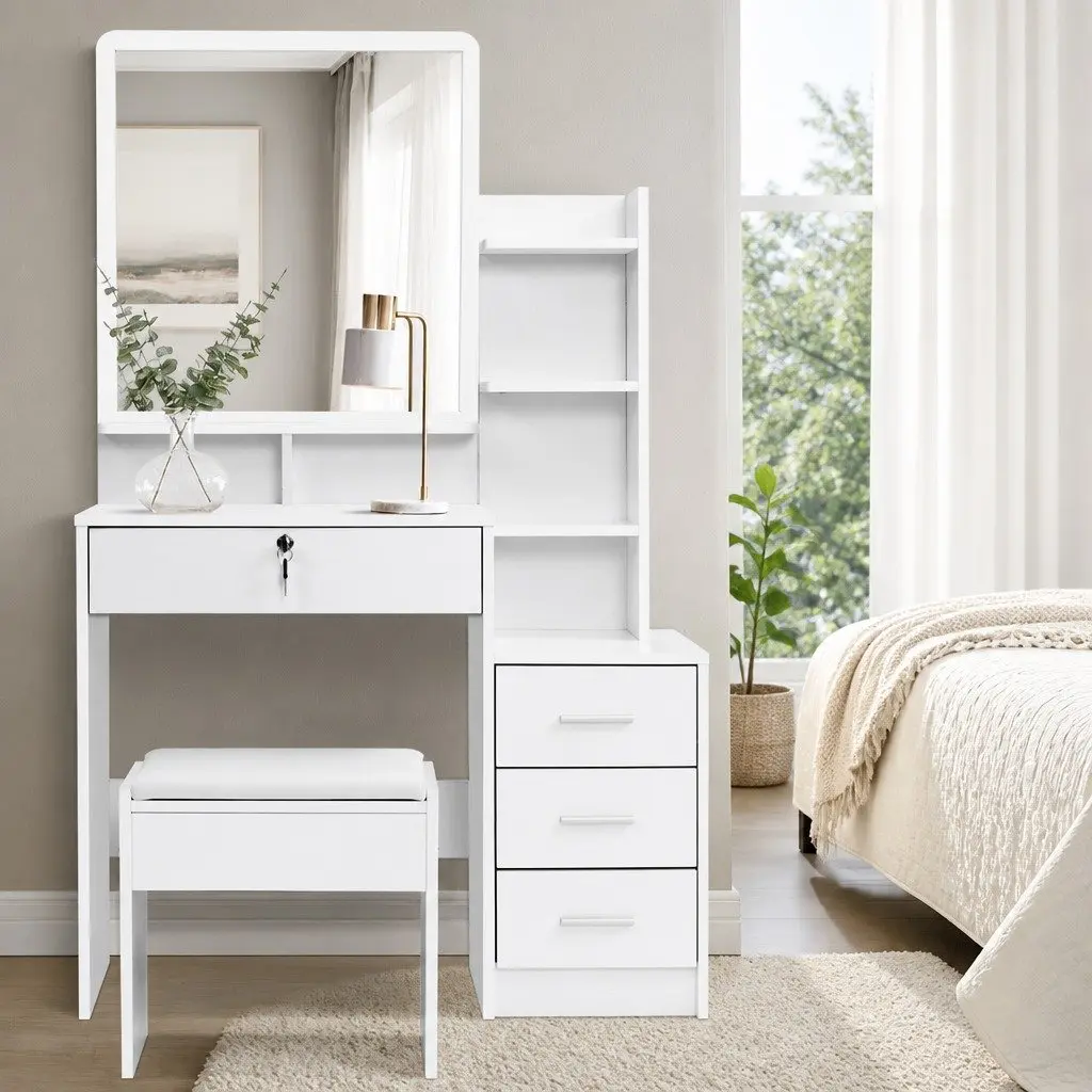 Dressing Table with Stool Particle Board 88cm x 38cm x 143cm White 4 Drawers Vanity Makeup Dresser Storage Shelves