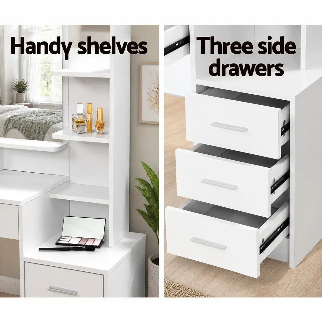 Dressing Table with Stool Particle Board 88cm x 38cm x 143cm White 4 Drawers Vanity Makeup Dresser Storage Shelves