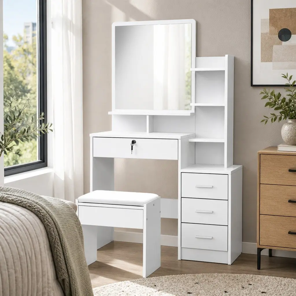 Dressing Table with Stool Particle Board 88cm x 38cm x 143cm White 4 Drawers Vanity Makeup Dresser Storage Shelves