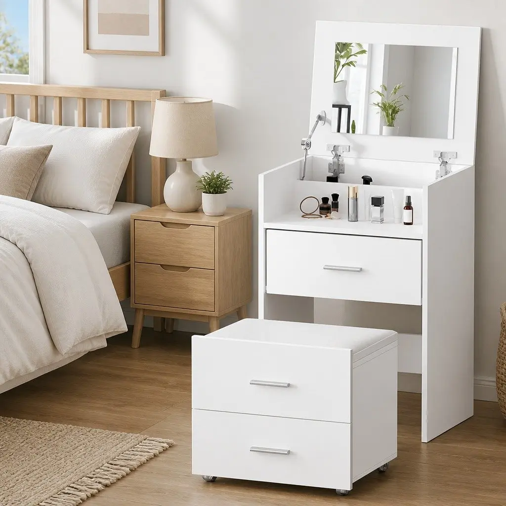2-in-1 Bedside Dressing Table Stool Set White Bedroom Vanity Mirror Storage