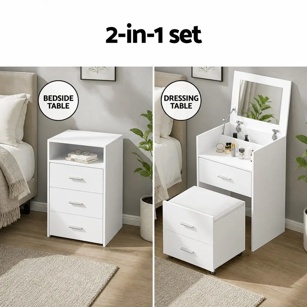 2-in-1 Bedside Dressing Table Stool Set White Bedroom Vanity Mirror Storage