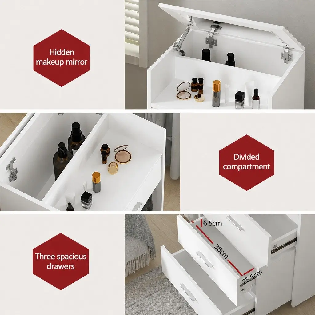 2-in-1 Bedside Dressing Table Stool Set White Bedroom Vanity Mirror Storage