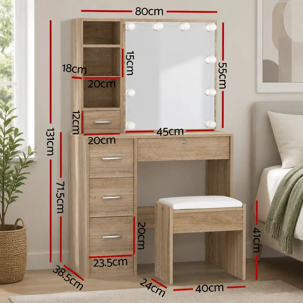Dressing Table Set with Stool LED Bulbs Hollywood Mirror Vanity Makeup Wood 80cm x 38cm x 131cm