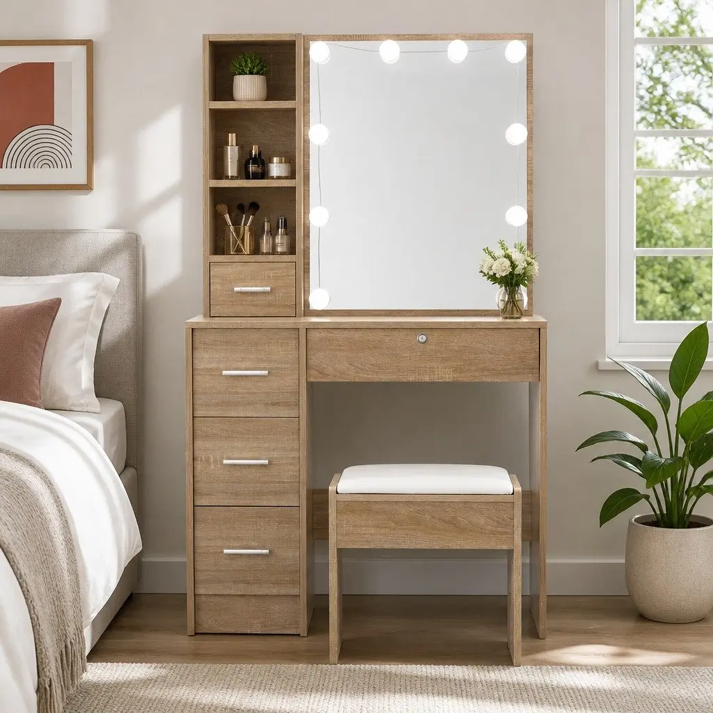 Dressing Table Set with Stool LED Bulbs Hollywood Mirror Vanity Makeup Wood 80cm x 38cm x 131cm
