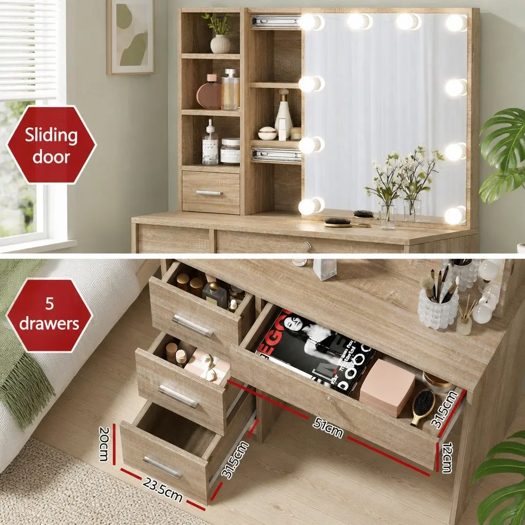 Dressing Table Set with Stool LED Bulbs Hollywood Mirror Vanity Makeup Wood 80cm x 38cm x 131cm