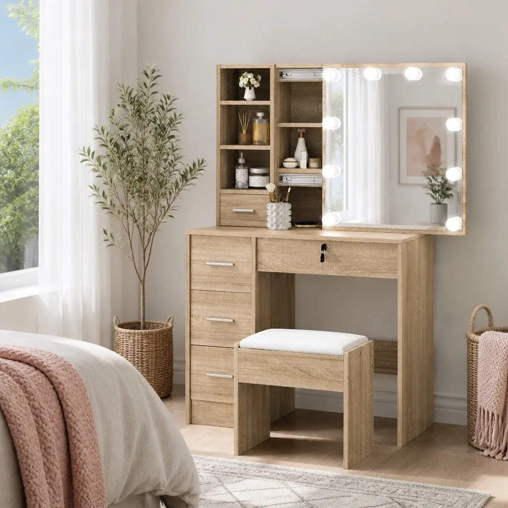 Dressing Table Set with Stool LED Bulbs Hollywood Mirror Vanity Makeup Wood 80cm x 38cm x 131cm
