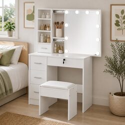 Dressing Table Set with Hollywood Mirror LED Bulbs Stool White Vanity Makeup