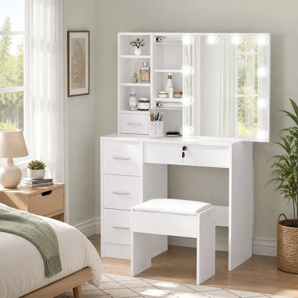 Dressing Table Set with Hollywood Mirror LED Bulbs Stool White Vanity Makeup