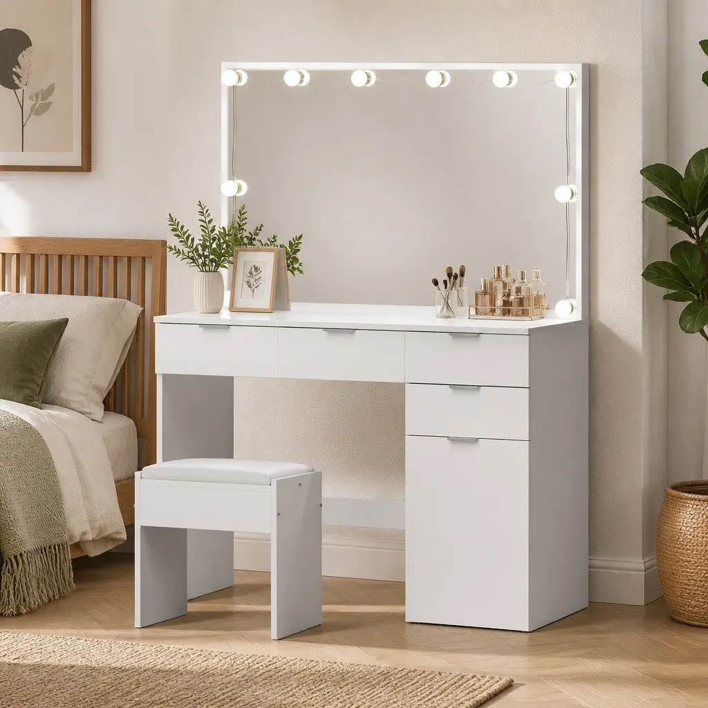 Dressing Table Set White LED Vanity with Large Mirror Drawers and Stool for Makeup 105cm x 40cm x 140cm