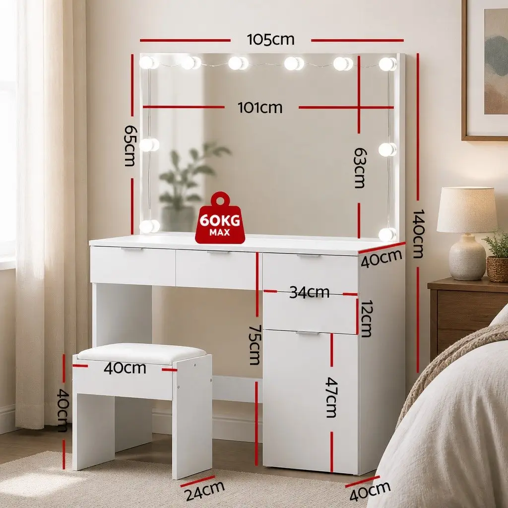 Dressing Table Set White LED Vanity with Large Mirror Drawers and Stool for Makeup 105cm x 40cm x 140cm