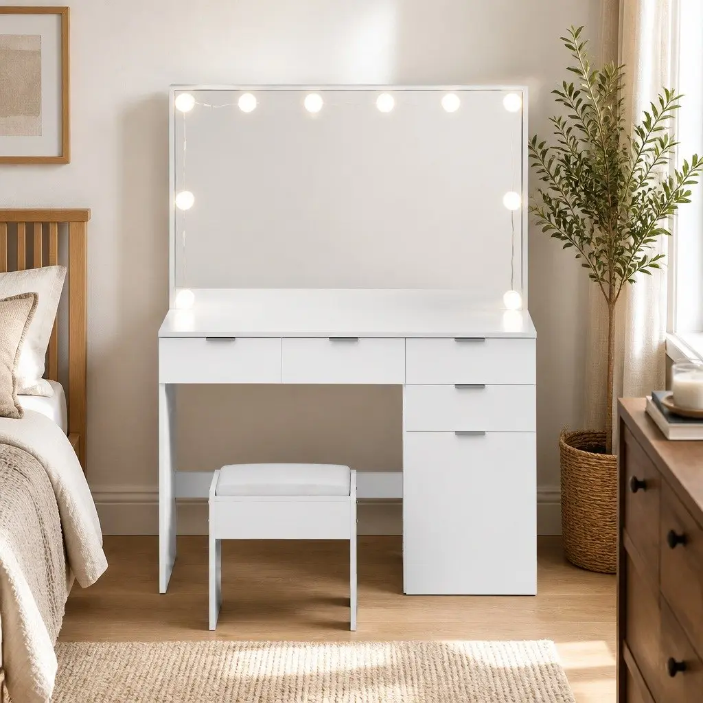 Dressing Table Set White LED Vanity with Large Mirror Drawers and Stool for Makeup 105cm x 40cm x 140cm