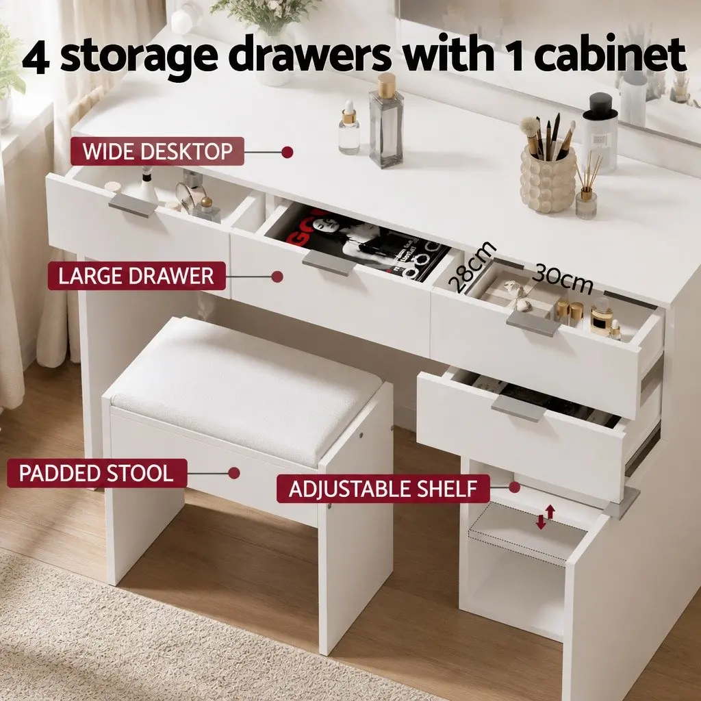 Dressing Table Set White LED Vanity with Large Mirror Drawers and Stool for Makeup 105cm x 40cm x 140cm