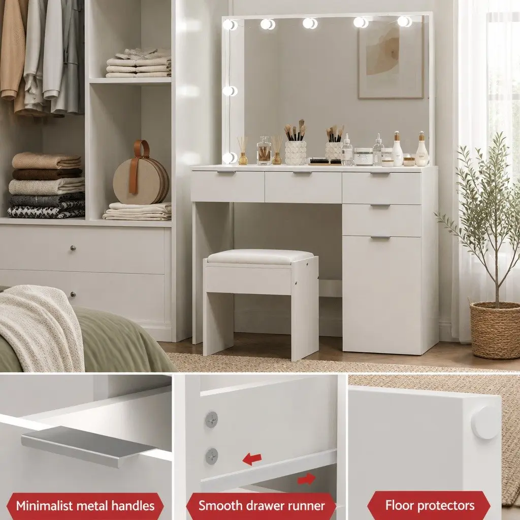 Dressing Table Set White LED Vanity with Large Mirror Drawers and Stool for Makeup 105cm x 40cm x 140cm
