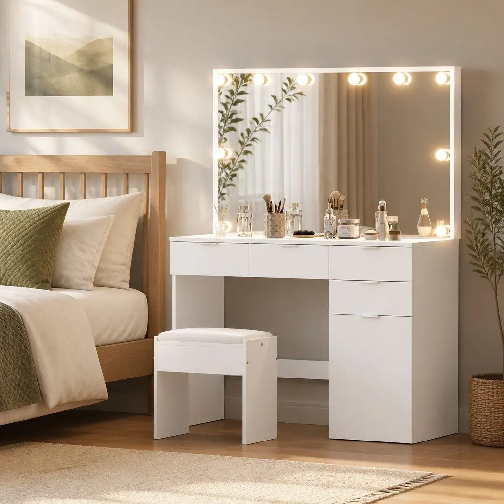 Dressing Table Set White LED Vanity with Large Mirror Drawers and Stool for Makeup 105cm x 40cm x 140cm