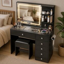 Dressing Vanity Desk with LED Mirror Makeup Table Stool Black Bedroom Furniture