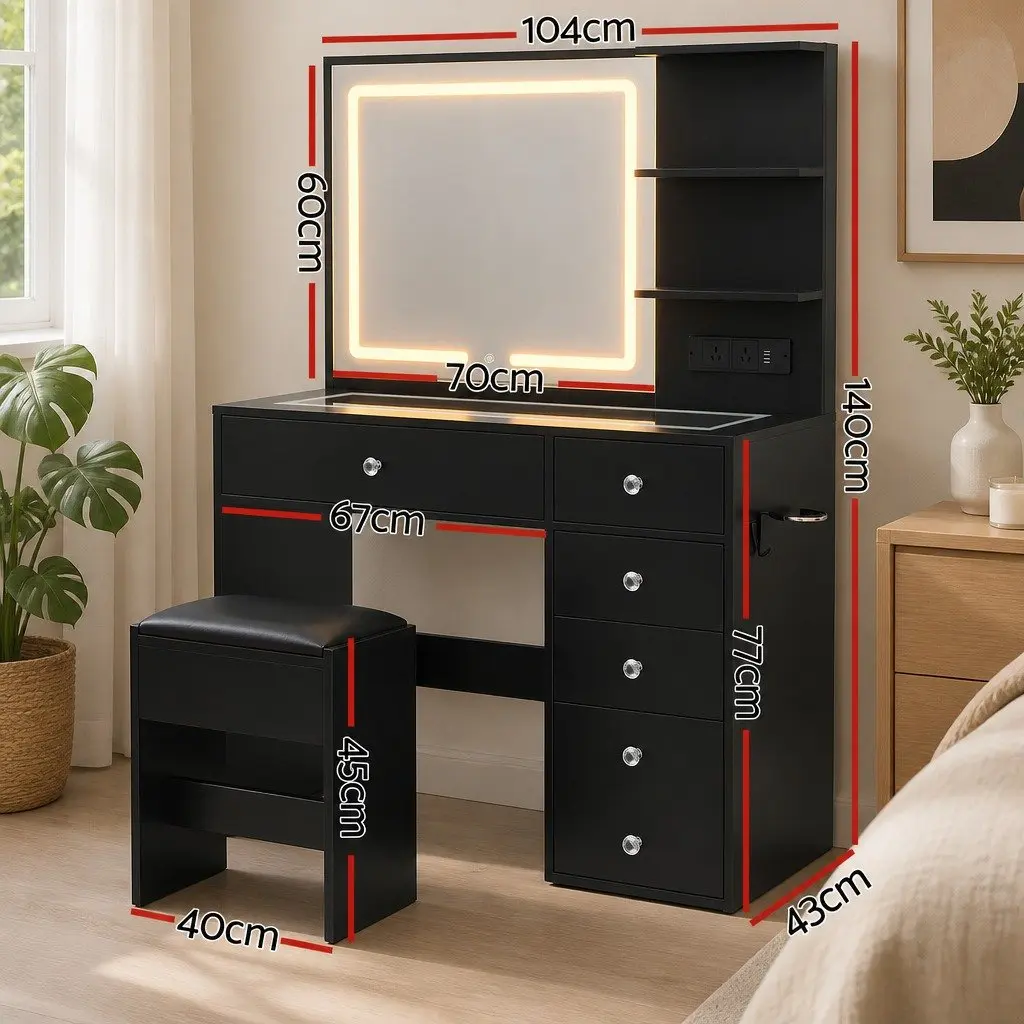Dressing Vanity Desk with LED Mirror Black E1 Particle Board and Tempered Glass 104cm W x 43cm D x 140cm H with Foam Padded Stool