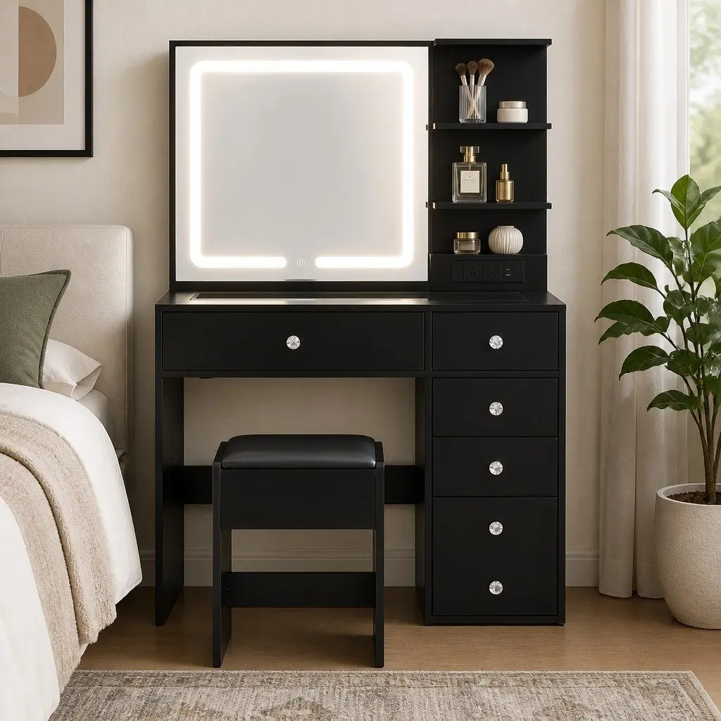 Dressing Vanity Desk with LED Mirror Black E1 Particle Board and Tempered Glass 104cm W x 43cm D x 140cm H with Foam Padded Stool