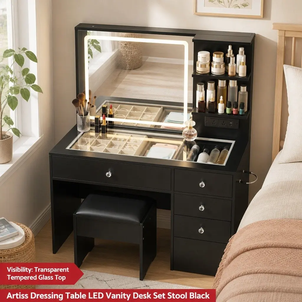 Dressing Vanity Desk with LED Mirror Black E1 Particle Board and Tempered Glass 104cm W x 43cm D x 140cm H with Foam Padded Stool