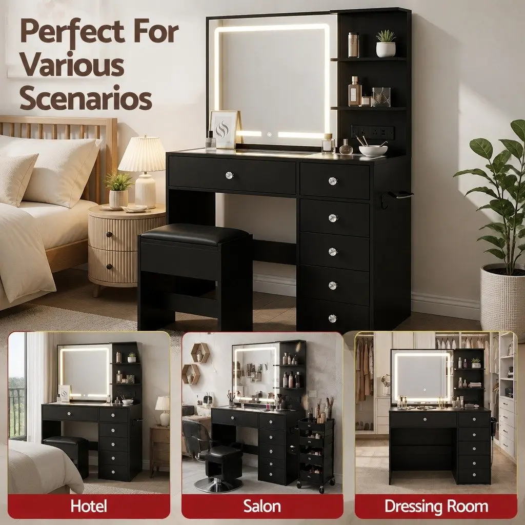 Dressing Vanity Desk with LED Mirror Black E1 Particle Board and Tempered Glass 104cm W x 43cm D x 140cm H with Foam Padded Stool