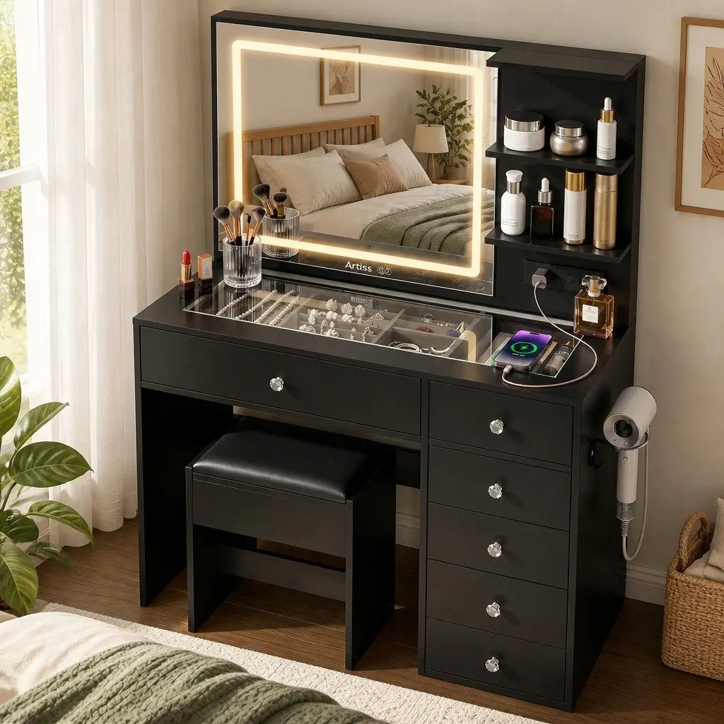 Dressing Vanity Desk with LED Mirror Black E1 Particle Board and Tempered Glass 104cm W x 43cm D x 140cm H with Foam Padded Stool