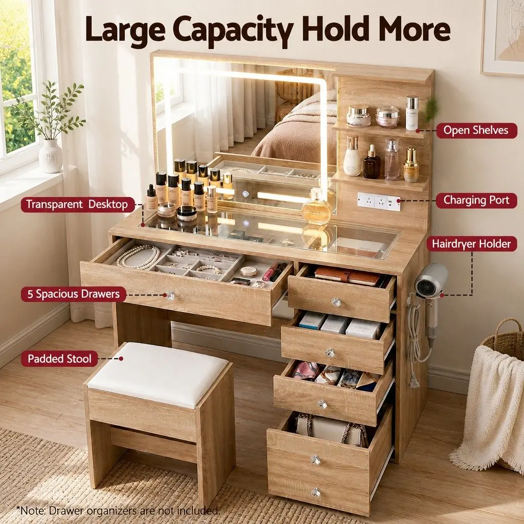 Dressing Table LED Vanity Desk Set with Stool Glass Wood 104cm x 43cm x 140cm