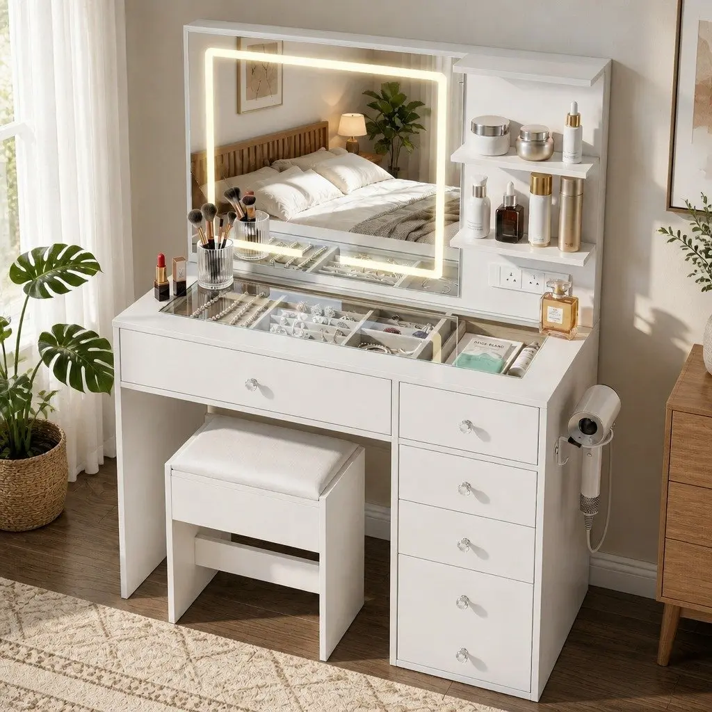 Dressing Table LED Vanity Mirror White with Drawers Charging Station and Stool