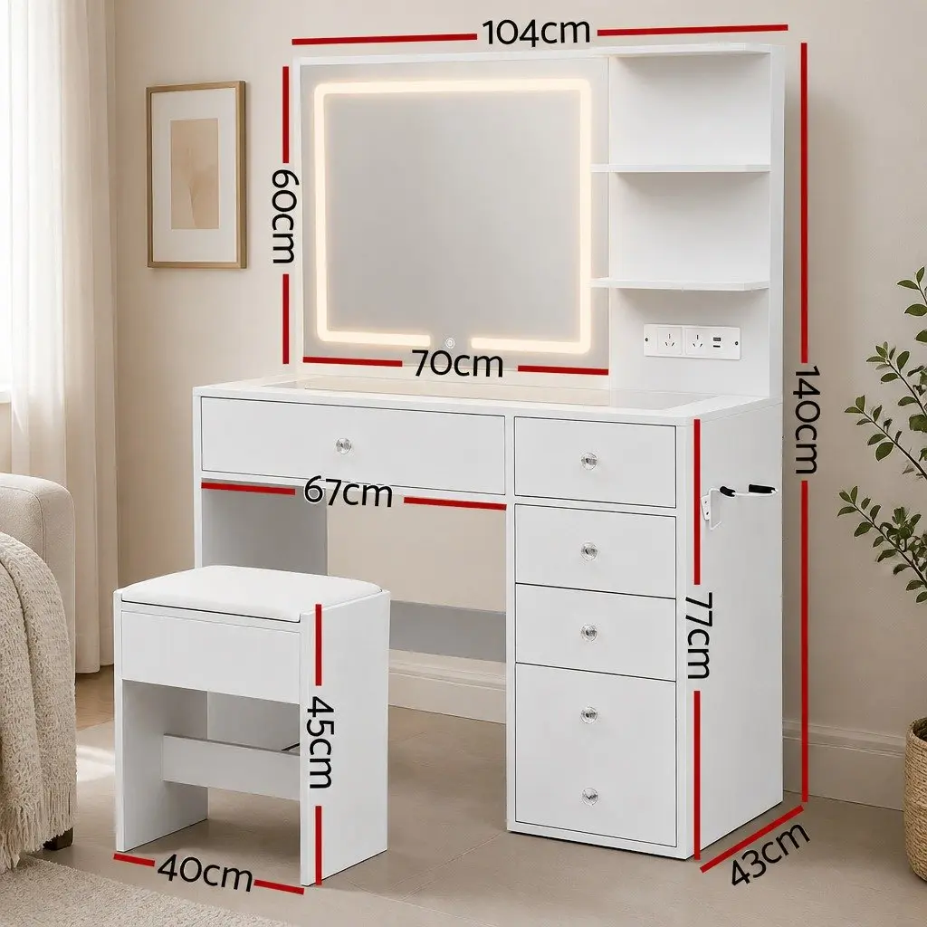 Dressing Table LED Vanity Mirror White with Drawers Charging Station and Stool