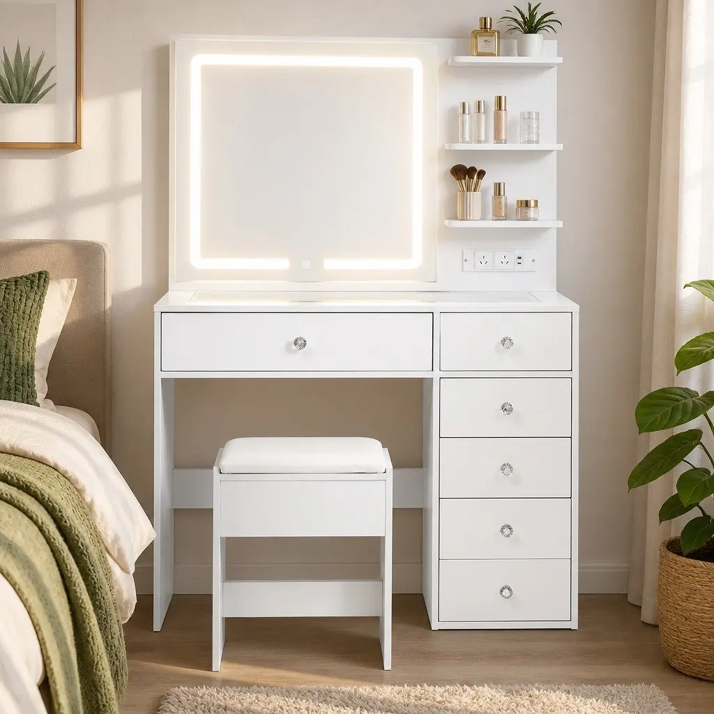 Dressing Table LED Vanity Mirror White with Drawers Charging Station and Stool