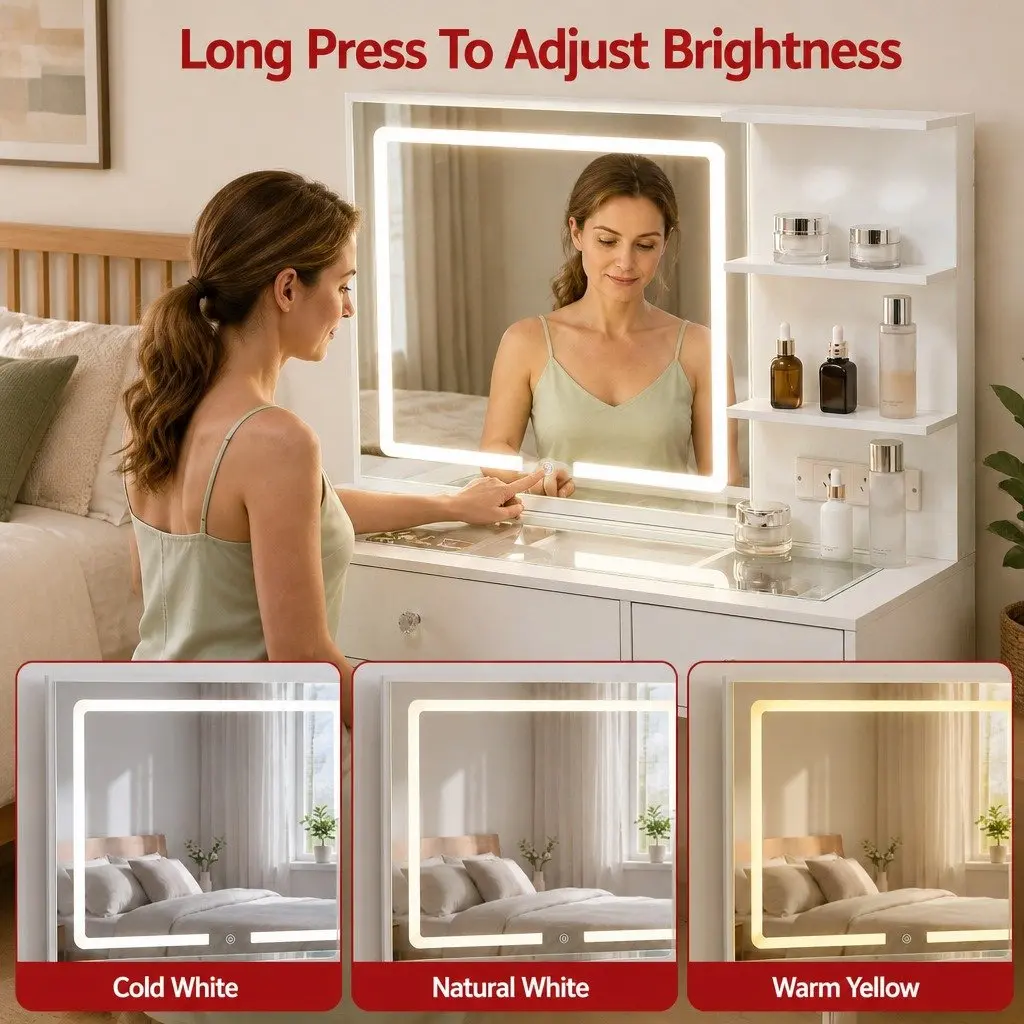 Dressing Table LED Vanity Mirror White with Drawers Charging Station and Stool
