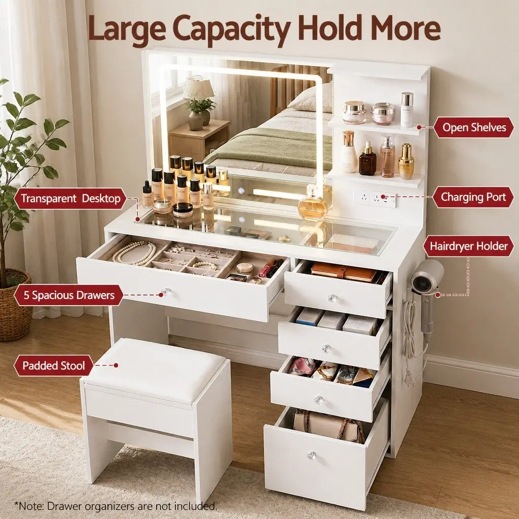 Dressing Table LED Vanity Mirror White with Drawers Charging Station and Stool