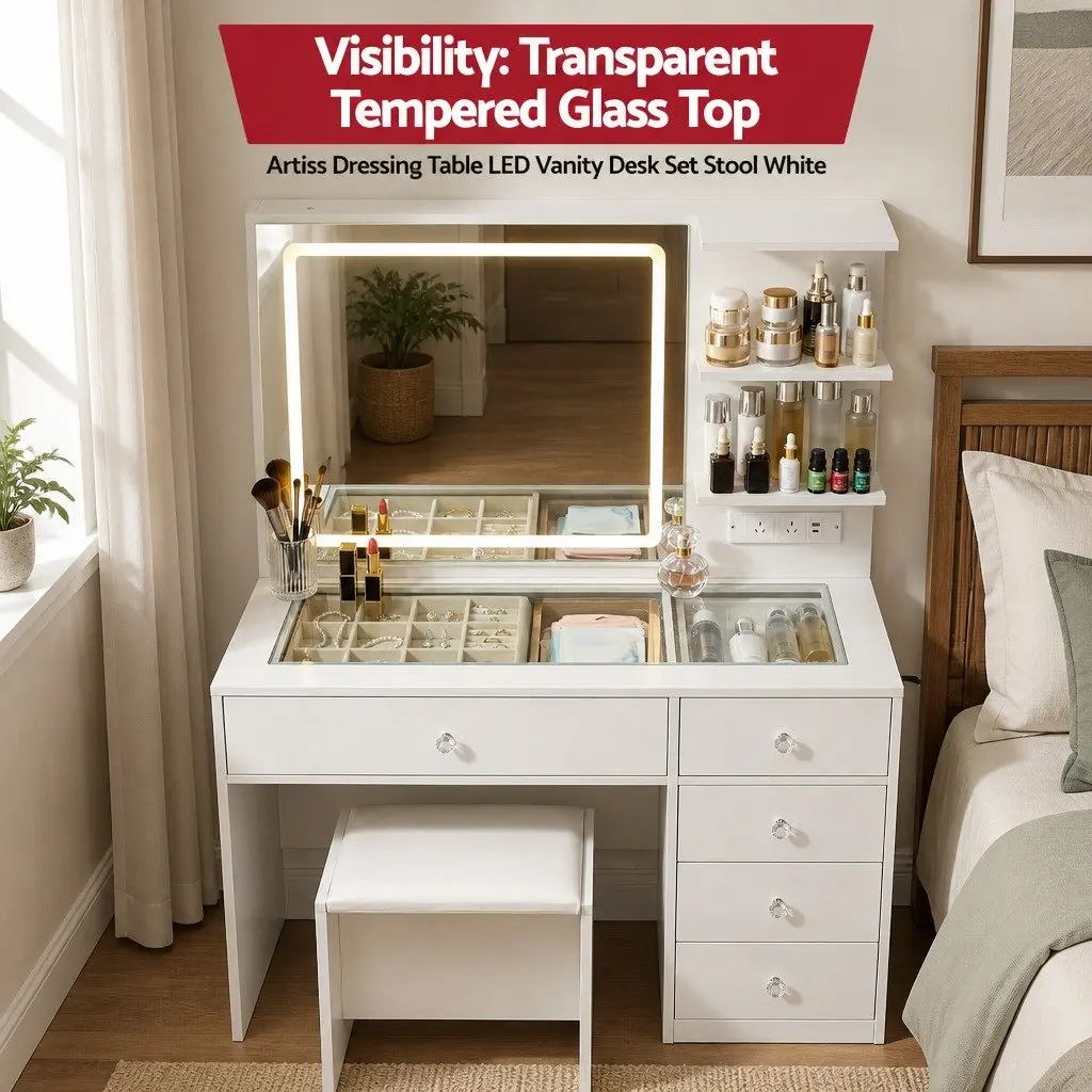 Dressing Table LED Vanity Mirror White with Drawers Charging Station and Stool