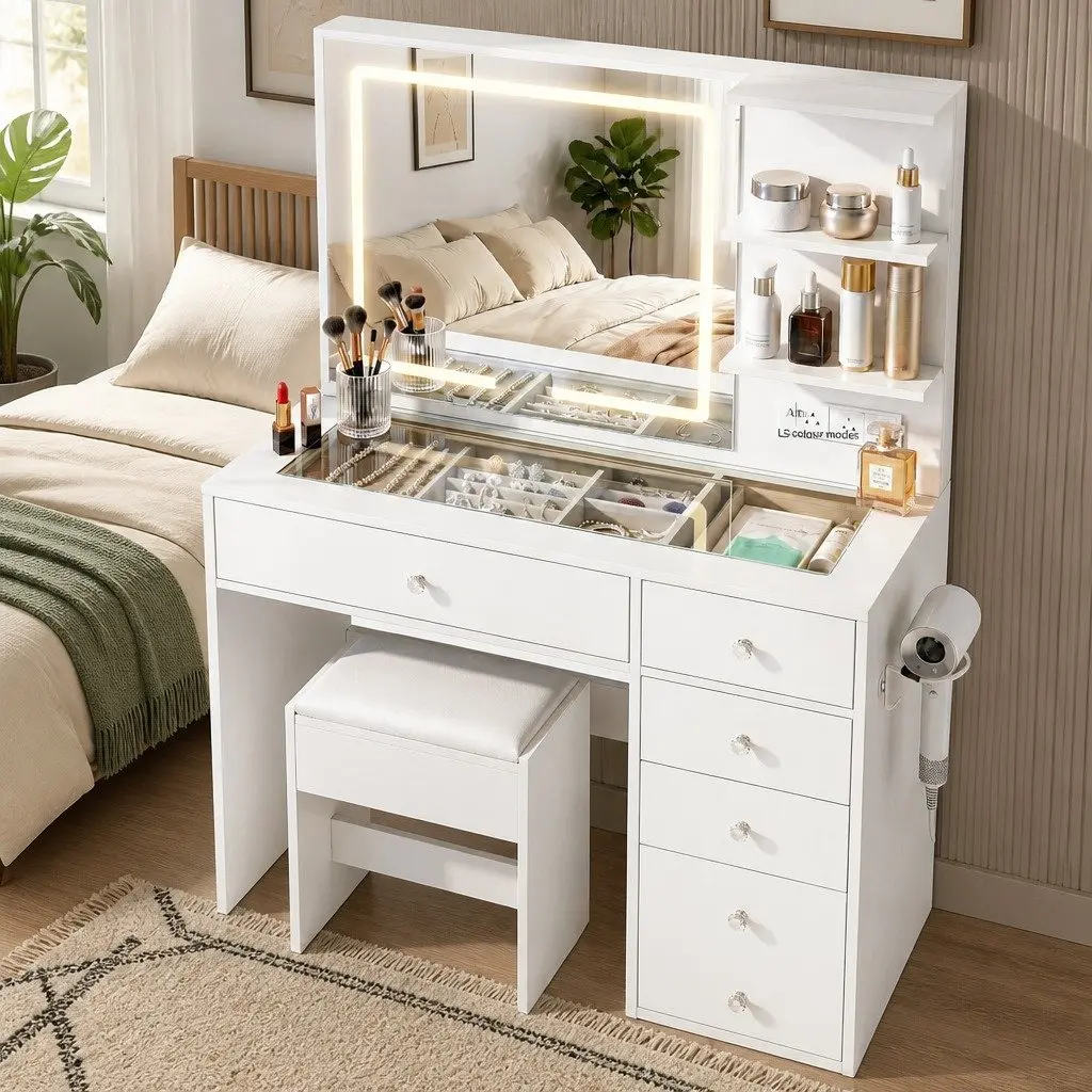 Dressing Table LED Vanity Mirror White with Drawers Charging Station and Stool