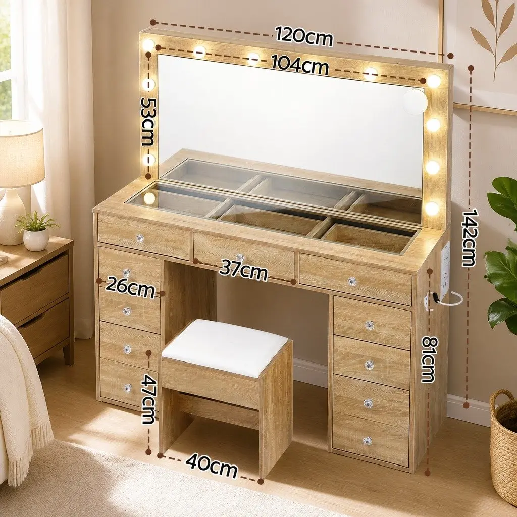 Dressing Vanity Desk with LED Makeup Mirror Stool Storage Drawers Wood