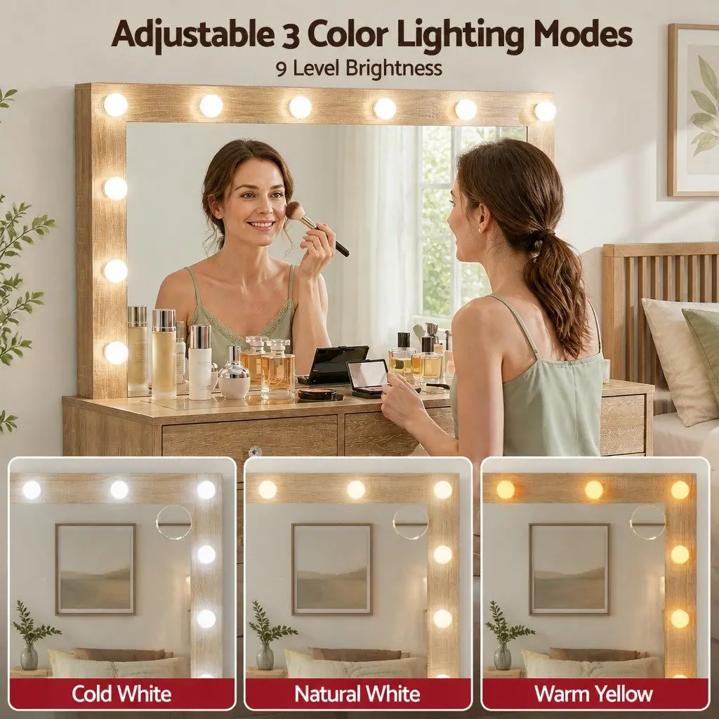 Dressing Vanity Desk with LED Makeup Mirror Stool Storage Drawers Wood
