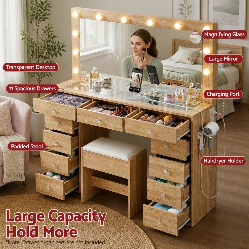 Dressing Vanity Desk with LED Makeup Mirror Stool Storage Drawers Wood