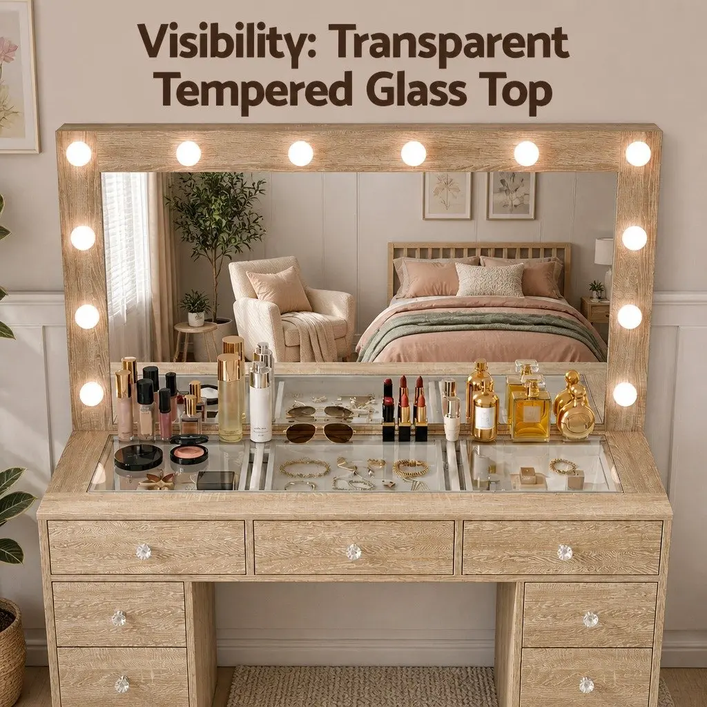 Dressing Vanity Desk with LED Makeup Mirror Stool Storage Drawers Wood