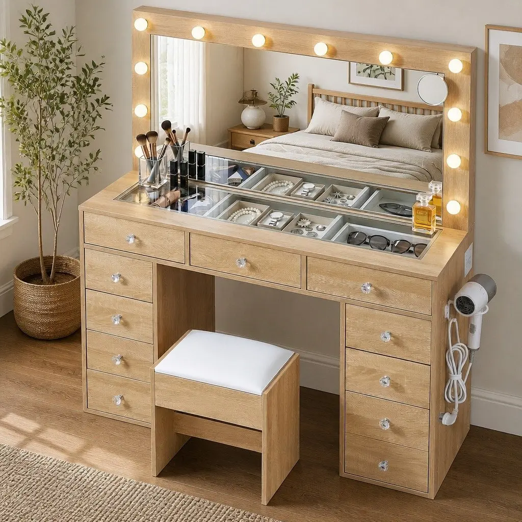 Dressing Vanity Desk with LED Makeup Mirror Stool Storage Drawers Wood