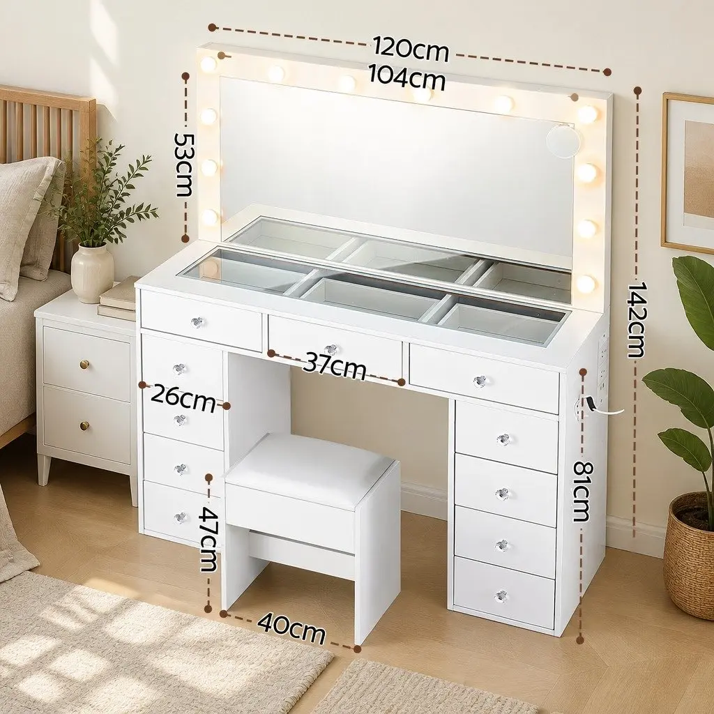 Dressing Table Vanity Desk with LED Mirror Stool White Bedroom Makeup Station