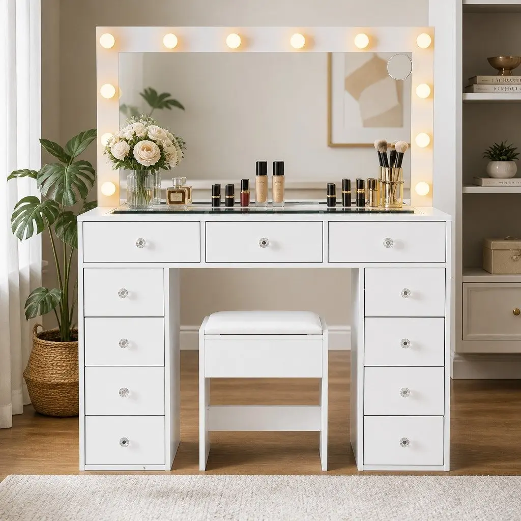Dressing Table Vanity Desk with LED Mirror Stool White Bedroom Makeup Station