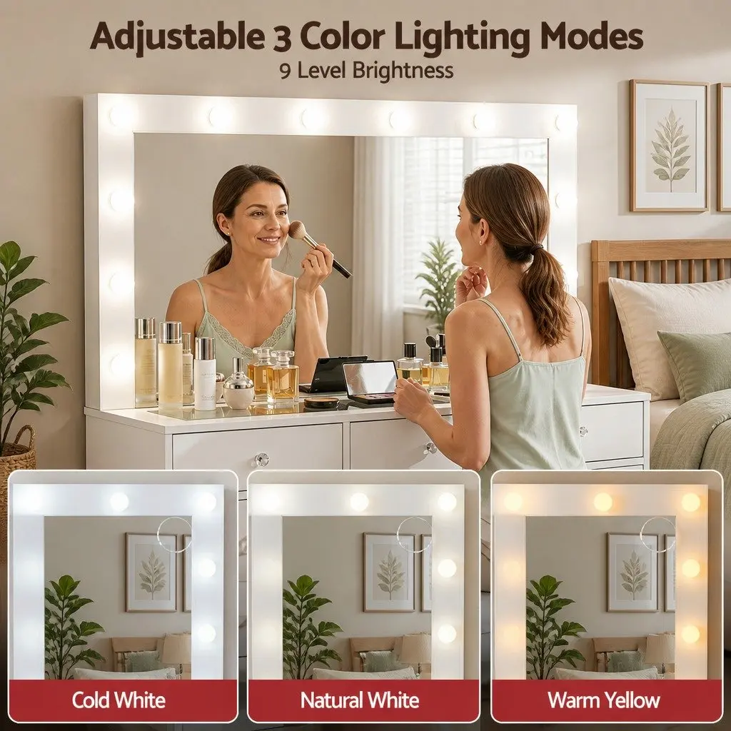Dressing Table Vanity Desk with LED Mirror Stool White Bedroom Makeup Station