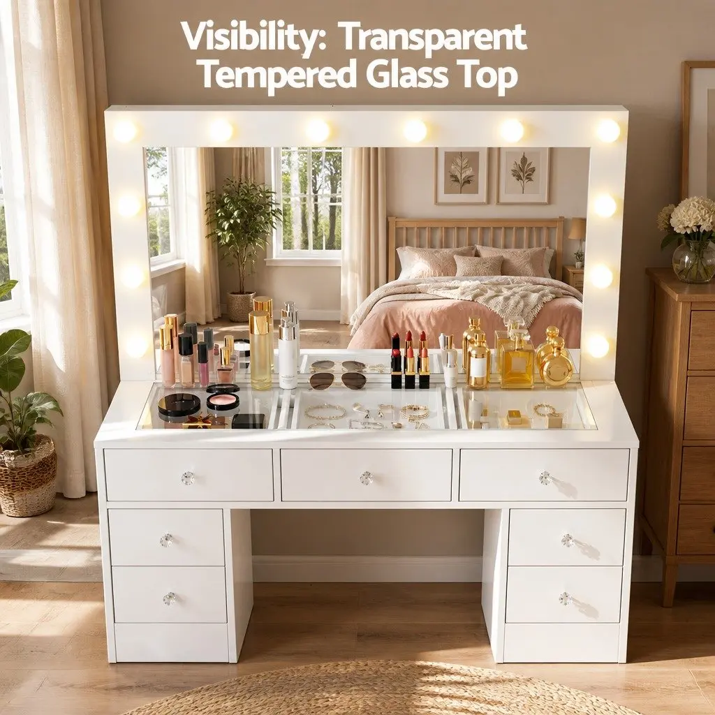 Dressing Table Vanity Desk with LED Mirror Stool White Bedroom Makeup Station