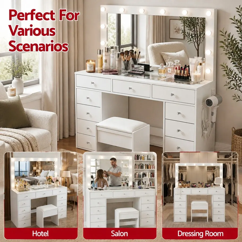 Dressing Table Vanity Desk with LED Mirror Stool White Bedroom Makeup Station