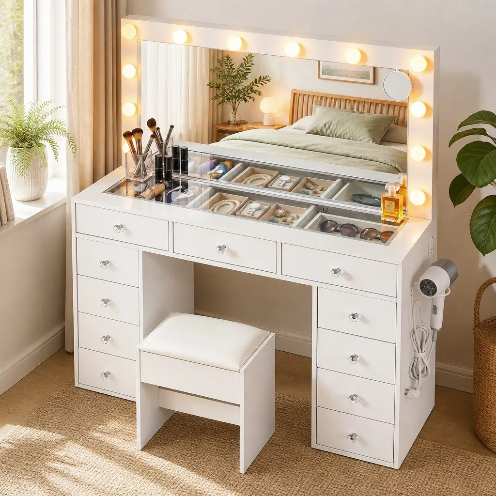 Dressing Table Vanity Desk with LED Mirror Stool White Bedroom Makeup Station